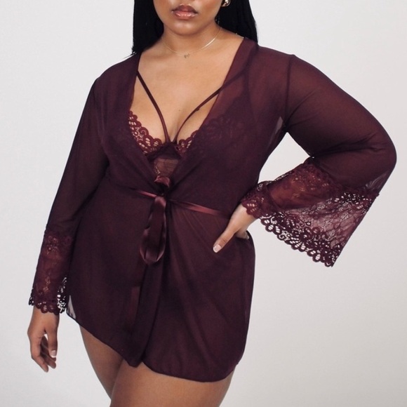 Sheer Lace Trim Robe Set – Red - Picture 2 of 2